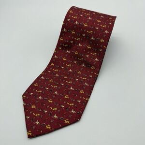 Salvatore Ferragamo Silk Tie Italy Red‎ Yellow Rabbit Bird Leaf Chipmunk Nature